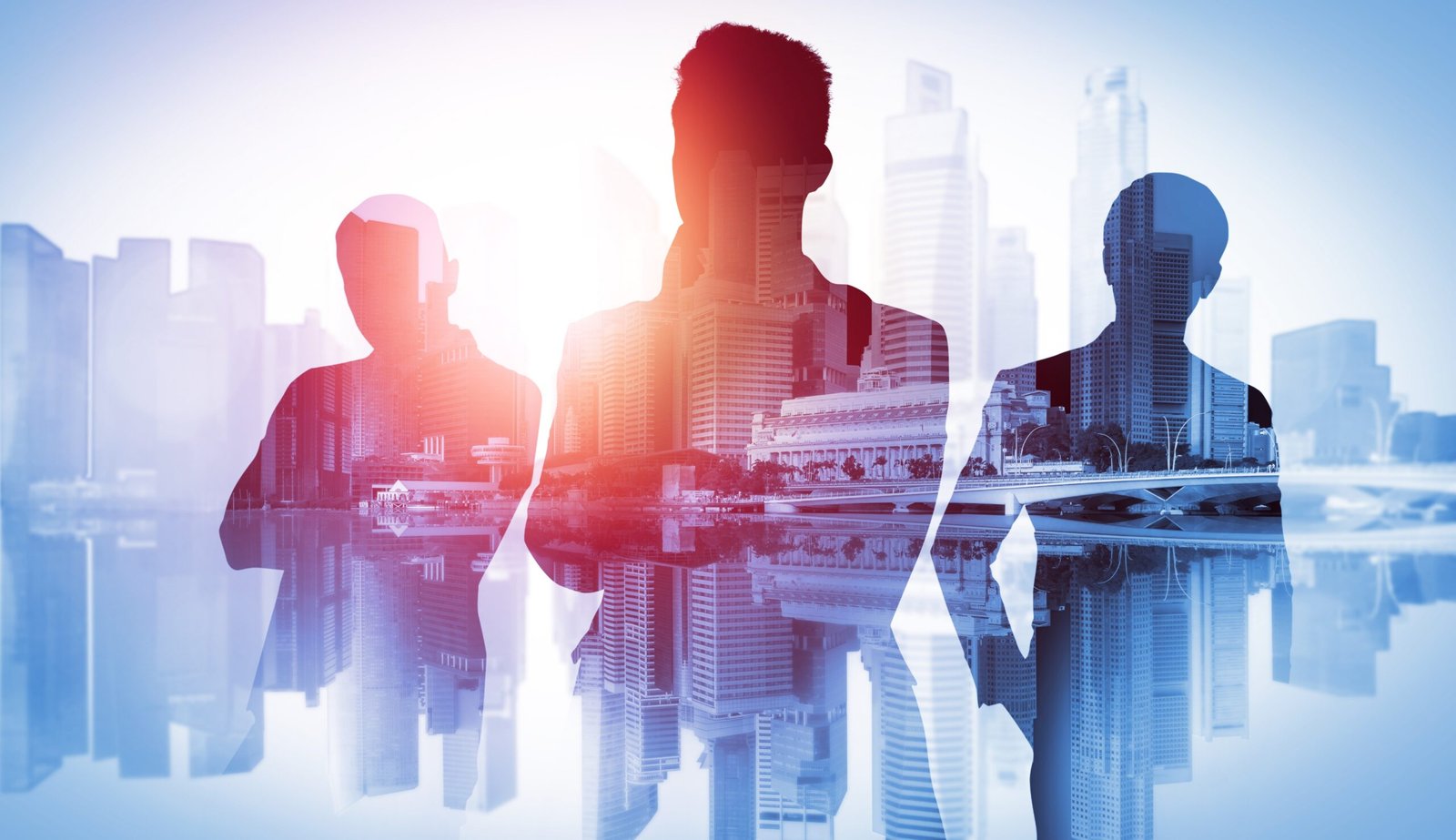 abstract image of many business people together in group on background of city